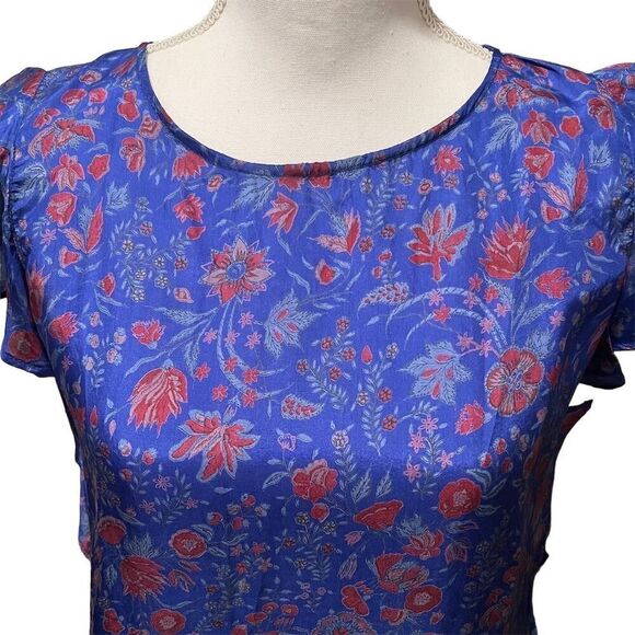 Anthropologie Antik Batik Blue Floral Silk Ruffle Cap Sleeve Blouse Size Small - Picture 6 of 15